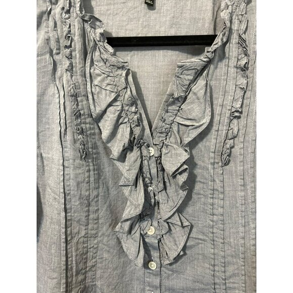 Talbot's Sz 6 Lightweight Chambray Blouse 3/4 Sleeves Ruffle Detail Button Front - Picture 2 of 7